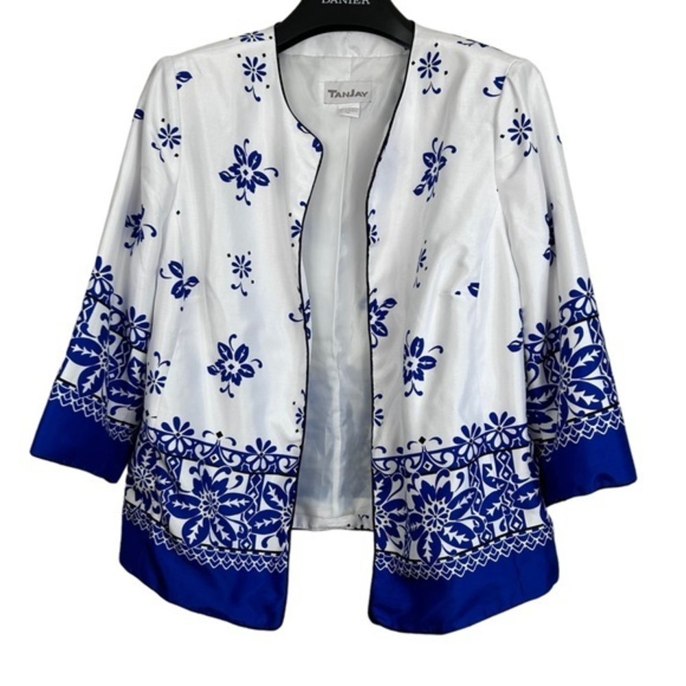 TanJay satiny blue white floral blazer size 12